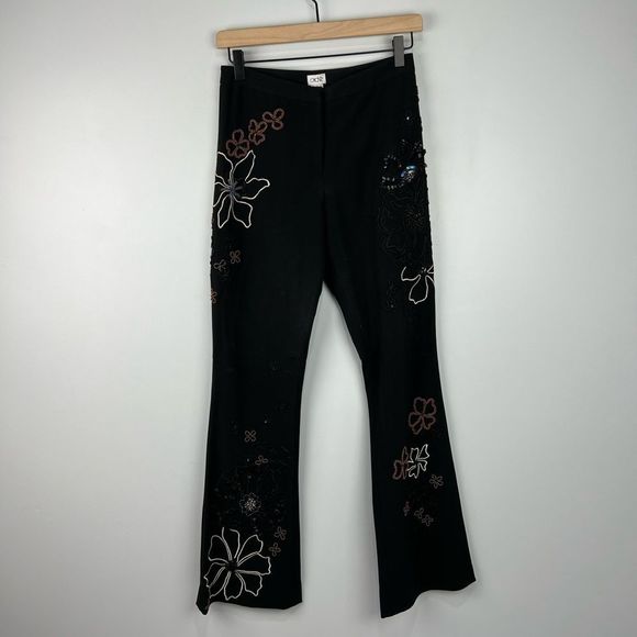 Cache Pants - Cache Black Flower Beaded Wide/Flare Leg Dress Pants